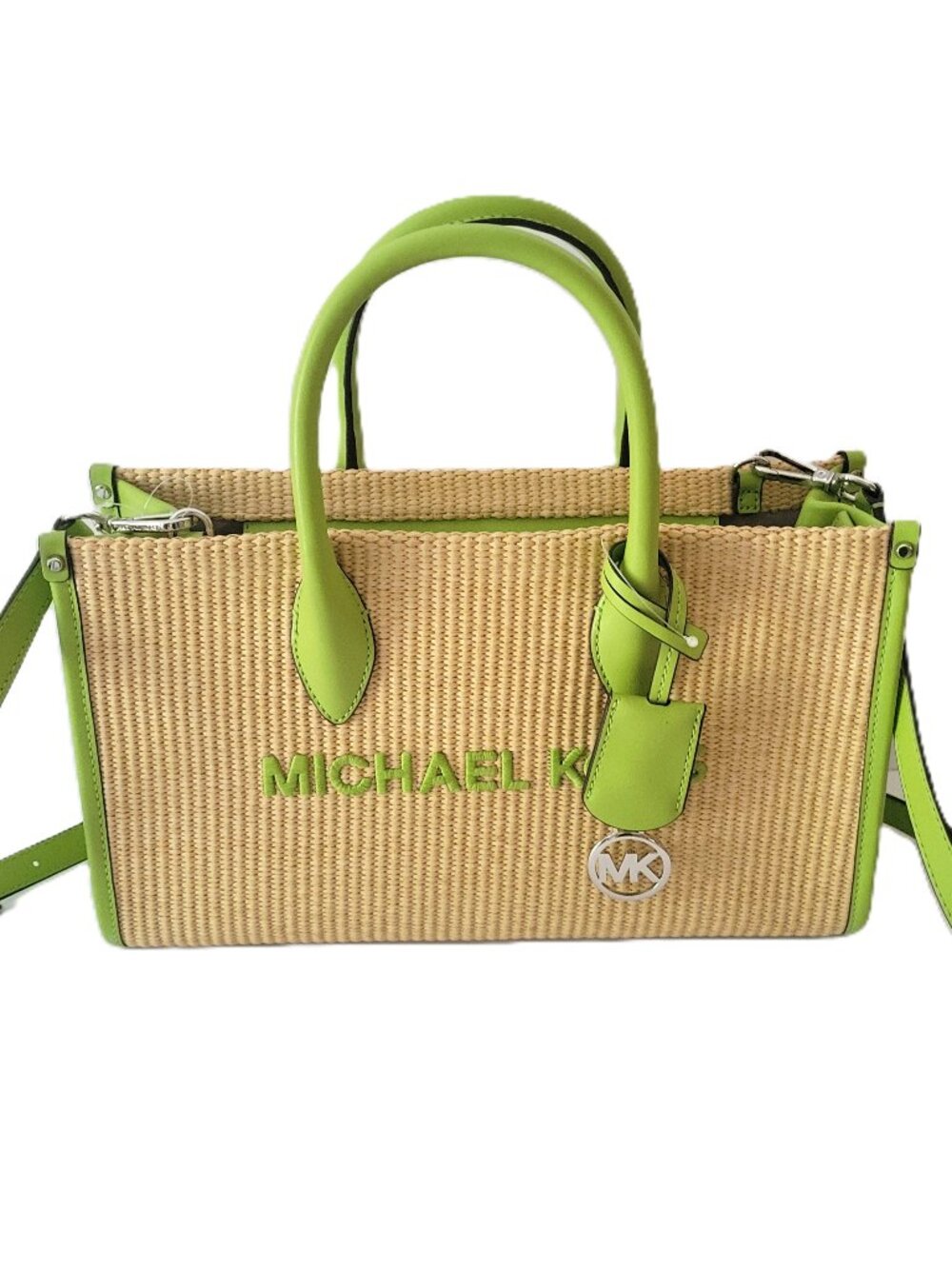 Michael Kors Mirella Medium EW Top Zip Satchel Lime Woven Straw Faux Leather - Picture 1 of 7